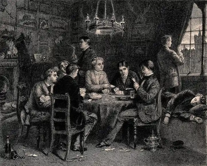 lucky 9 rules 4 players - Antique engraving of a group playing cards around a table